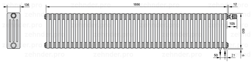 Схема (чертеж) Радиатор Zehnder Charleston 4060/41 №V002 Белый глянцевый RAL 9016